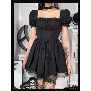 Gothic Lolita Fashion Puff Sleeve Corset Princess Dress Lace-up Dress